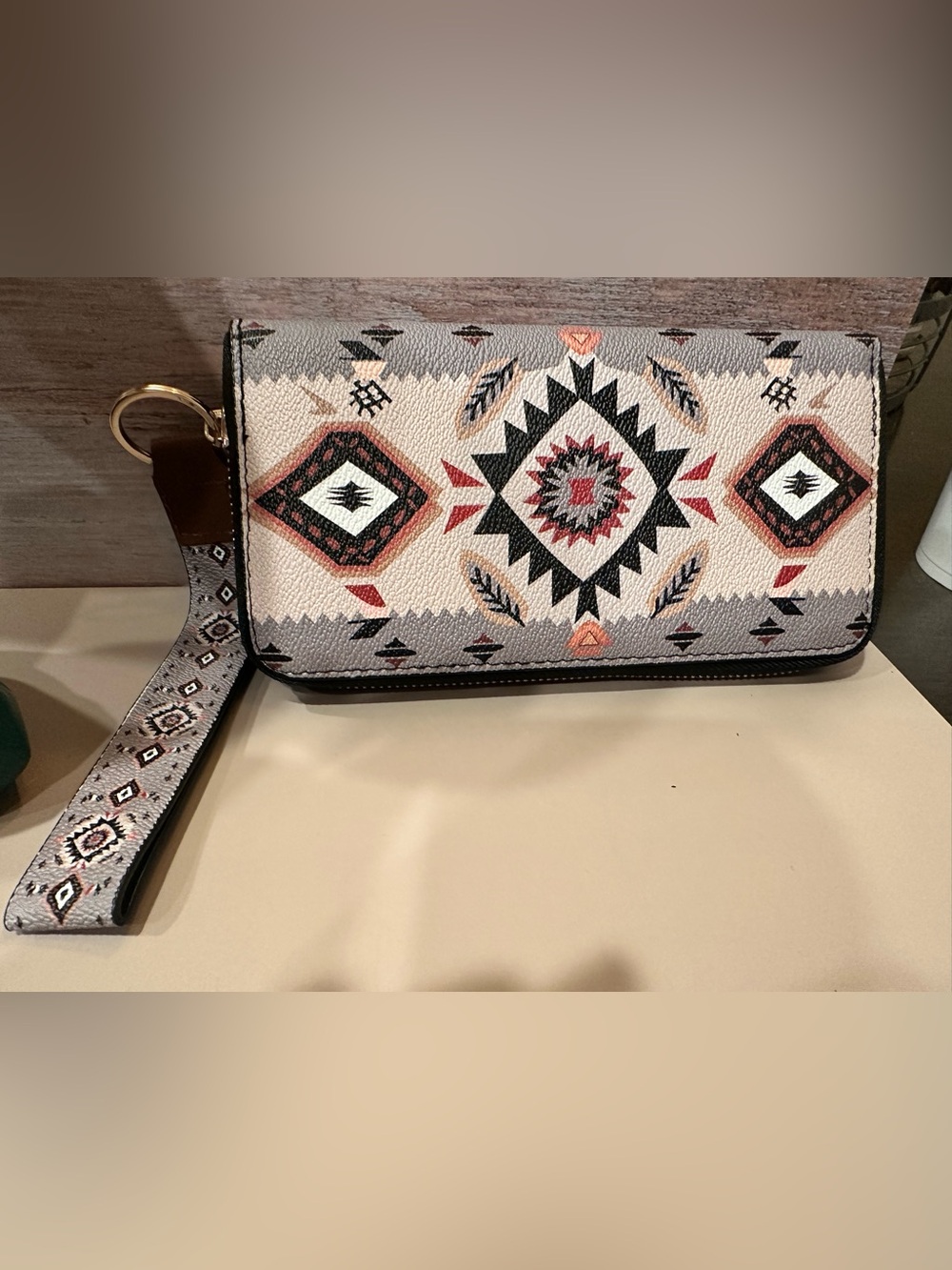 Aztec Pattern Wristlet Wallet in Ivory, Black & Coral